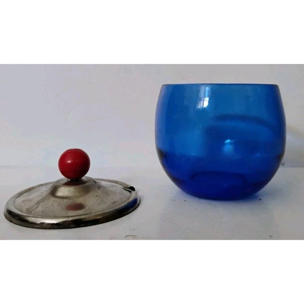 Vintage Art Deco Hazel-Atlas Cobalt Blue Glass Jam Jar with Notched Chrome Lid